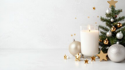 Wall Mural - Lit white candle with gold & silver ornaments, Christmas tree, stars on white background.