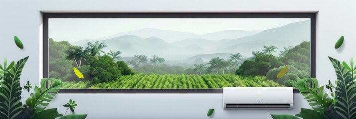 Aufkleber - Air conditioner mounted on wall with open window overlooking serene landscape filled with lush greenery and distant mountains. Generative AI