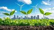 © weerasak - A vibrant urban landscape with green plants and wind turbines, symbolizing sustainability and eco-friendly initiatives.