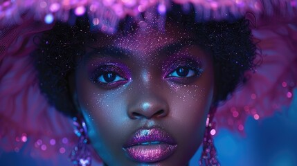 Wall Mural - A close-up portrait of a person with vibrant makeup and a decorative hat.