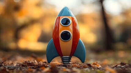 A small orange and blue rocket is sitting on the ground