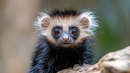 Wall Mural - Adorable baby nocturnal mammal with dark fur, light face, and big eyes.