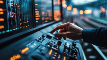 .Transport technology, Engineer using control panel Ui of virtual interface for analysis data systems electrics of track on train railway on networking connection, Modern Industrial and transportation