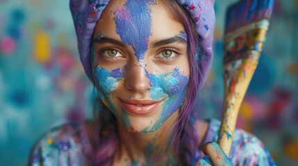 Wall Mural - A colorful artist with paint on her face, smiling and holding a brush.