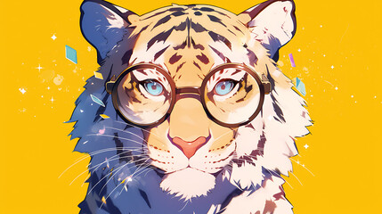 Wall Mural - A stylized illustration of a tiger wearing glasses against a bright yellow background.