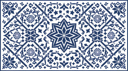  A blue and white Arabic design pattern with intricate geometric shapes, including stars, flowers, an