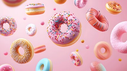 Sticker - Colorful Donuts Falling Against Pink Background