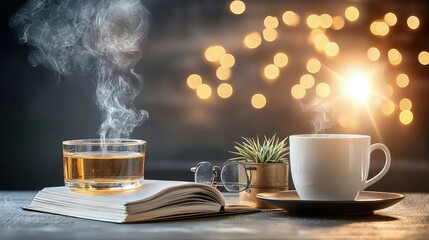 Wall Mural - Steaming tea cups on book with glasses and bokeh lights.