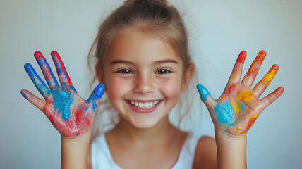 happy girl shows her colorful painted hands, expressing joy and creativity. bright colors on her hands reflect her playful spirit and artistic expression