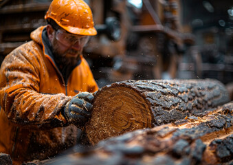 A man in an orange jacket is cutting a log with a chainsaw. The scene is set in a woodworking shop, and the man is wearing a hard hat and safety goggles.