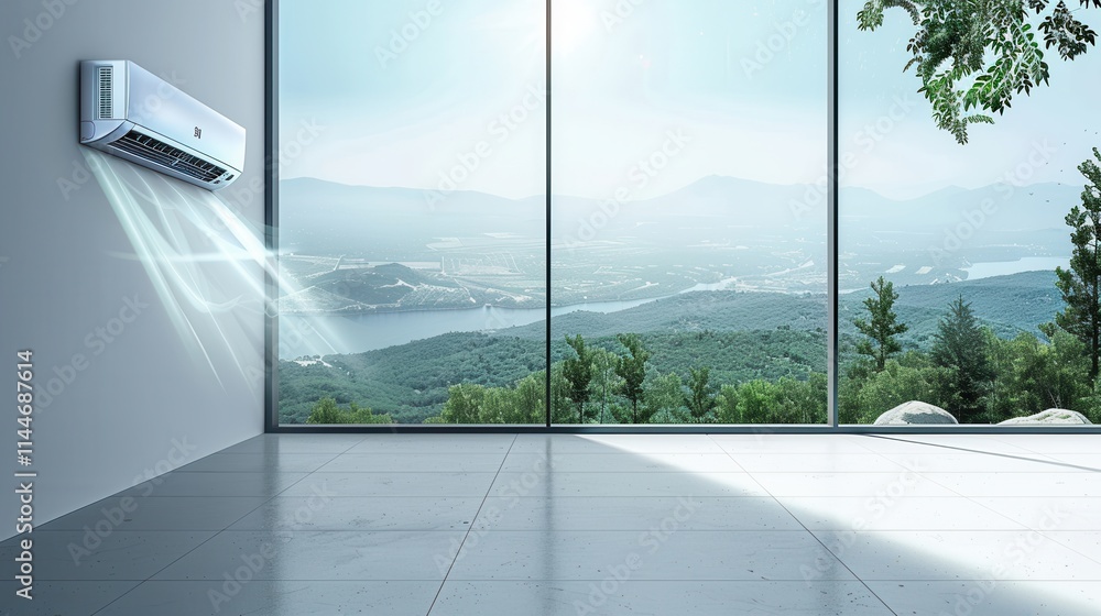 Air conditioner mounted on wall with open window revealing scenic ...