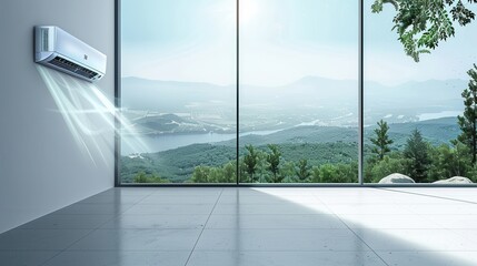 Poster - Air conditioner mounted on wall with open window revealing scenic landscape and modern design indoors during daylight hours. Generative AI