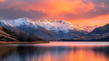  A stunning sunset casting golden light over the snow-capped peaks of an alpine mountain range, with a soft gradient of pink and orange hues filling the sky. The calm alpine lake below reflects 