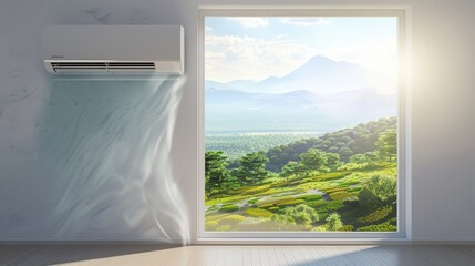 Poster - Air conditioner mounted on a wall beside a large open window with a beautiful view of green hills and mountains during daylight. Generative AI