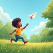 © Lu-sound - A flying paper airplane: A Black child running in a grassy park, enthusiastically tossing a paper airplane, anime style
