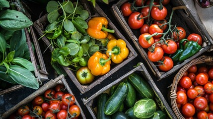 Wall Mural - Fresh vegetables in wooden crates at a farmers' market