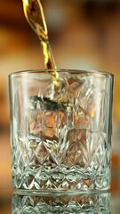 Fototapete - Super Slow Motion of Pouring Whiskey into Glass. Filmed on High Speed Cinema Camera, 1000 fps. Bar on Background, Low Depth of Focus. Vertical Aspect Ratio.