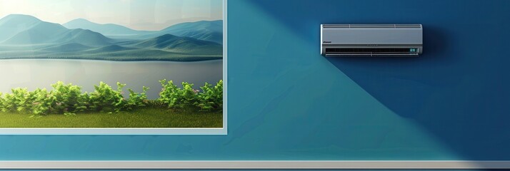 Poster - Air conditioner mounted on wall near open window with mountain view during sunny daytime in a fresh indoor setting. Generative AI