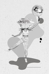 Wall Mural - Vertical collage picture of black white gamma girl jumping rose flower instead head hand hold disco ball isolated on drawing background