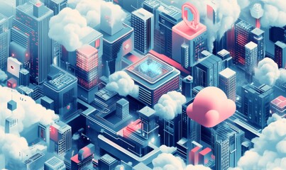 Wall Mural - isometric illustration depicting modern cloud technology and networking concept, representing web cl