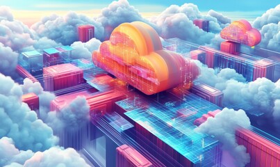 Wall Mural - isometric illustration depicting modern cloud technology and networking concept, representing web cl
