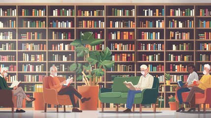 Poster - Elderly individuals engaged in reading and studying in a cozy library environment in the afternoon. Generative AI