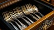 © AGUNG - Antique silverware neatly arranged in a wooden drawer.