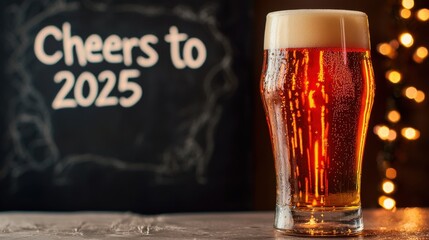 Wall Mural - New Year drink, A glass of beer with a frothy head stands in front of a chalkboard reading 