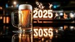 © justjupiter - New Year drink, A frosty beer mug sits in front of a glowing '2025,' celebrating the upcoming year with a festive, celebratory atmosphere.