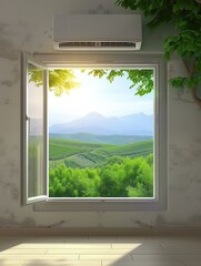 Poster - Air conditioner mounted on wall with open window overlooking scenic green hills and mountains during sunny daylight hours. Generative AI