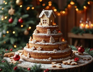 Wall Mural - Large tiered Christmas cake decorated with gingerbread cookies and a house on top. Tree and garlands in the background.