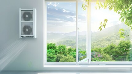 Aufkleber - Air conditioner mounted on wall beside open window with scenic view of lush greenery and sunlight. Generative AI