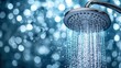 © AGUNG - Chrome shower head with water flowing against a bokeh background.