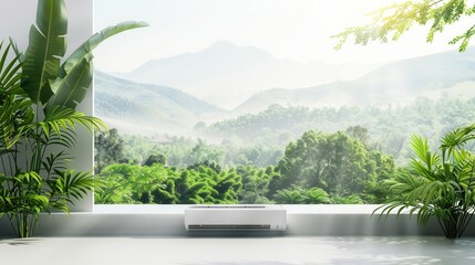Aufkleber - Comfortable room with air conditioner and open window overlooking serene mountain landscape surrounded by greenery. Generative AI