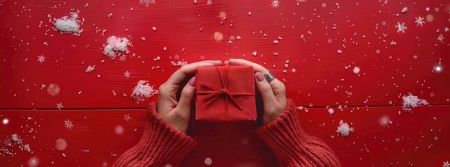 Wall Mural - a woman's hand with white-painted nails holding a red gift box on a snowy background, viewed from ab