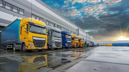 Fototapete - Several trucks and vans stand ready at a warehouse for loading, surrounded by reflective pavement and a cloudy sunset backdrop. Generative AI