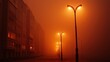 © Phatharaporn - A foggy street illuminated by warm streetlights, casting an ethereal glow on nearby buildings, creating a mysterious atmosphere.