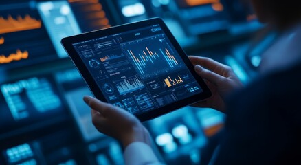 Wall Mural - digital tablet displaying data and graphs in modern workspace