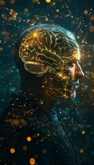 Canvas Print - Futuristic profile of a man with a glowing brain and golden connections symbolizing intelligence