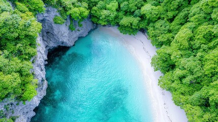 Poster - Secluded cove with pristine white sand beach and turquoise water, surrounded by lush green foliage.