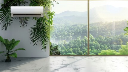 Poster - Air conditioner mounted on wall beside open window overlooking green mountains in bright daylight. Generative AI