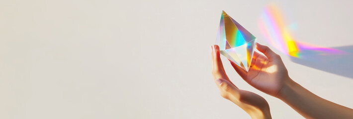 a pair of hands holding a glass prism creating rainbow light reflections and spectrum colors against