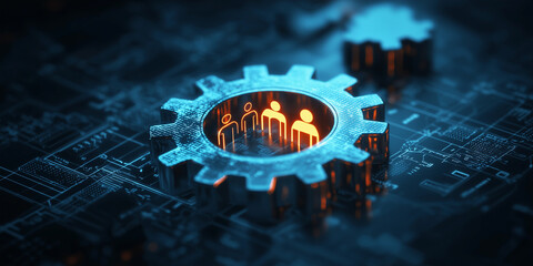 a glowing gear with people icons inside represents teamwork, collaboration, and functionality within