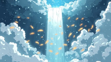 Wall Mural - Surreal Sky Waterfall with Golden Fish Amidst Ethereal Clouds
