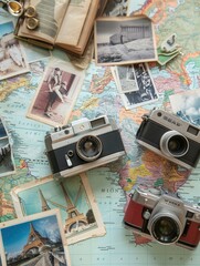 Aufkleber - Travel memories captured on a world map with vintage cameras and postcards showcasing global adventures. Generative AI