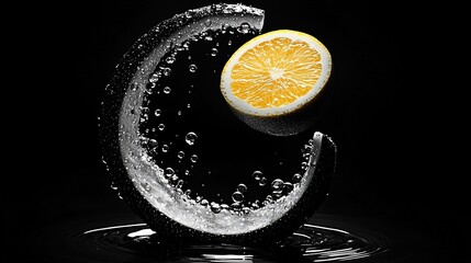 Wall Mural - Lemon slice levitating in water splash, black background.