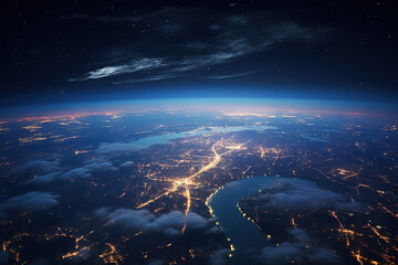 Wall Mural - Futuristic city aerial view at night. Structure of sci-fi metropolis with neon lights from the bird view