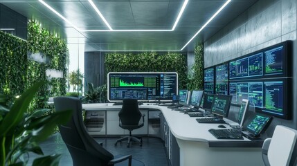 Wall Mural - modern digital control room with monitors and greenery elements