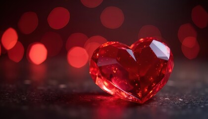 Wall Mural - Faceted crystal heart with a red glow, surrounded by soft bokeh lights, creating a warm and romantic atmosphere