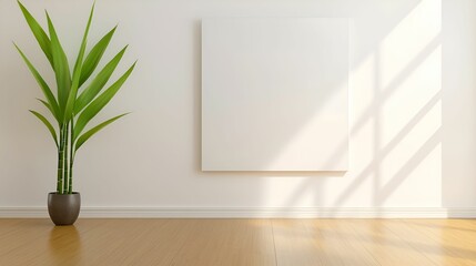 Wall Mural - Wall art mockup interior concept. Minimalist interior with a plant and empty canvas in a sunlit room.